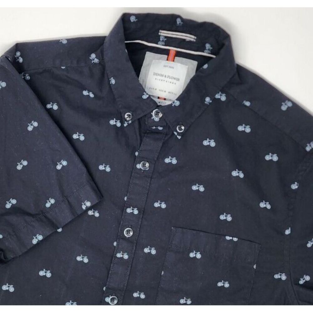 Denim & Flower Ricky Singh Shirt Mens MButton Up Short Sleeve Shirt Black Bikes